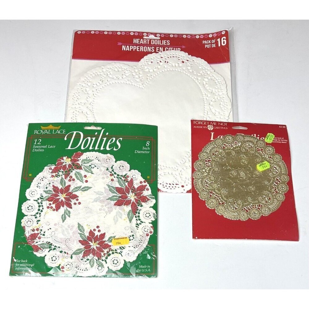3pks VTG Paper DOILIES 6" Gold 8" Poinsettia Christmas 10.5" White Hearts NIP